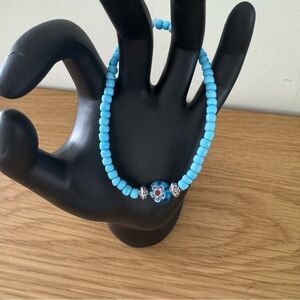 Glass Beaded Elastic Bracelet Blue Silver Millefiori Glass Coin Metal Antique